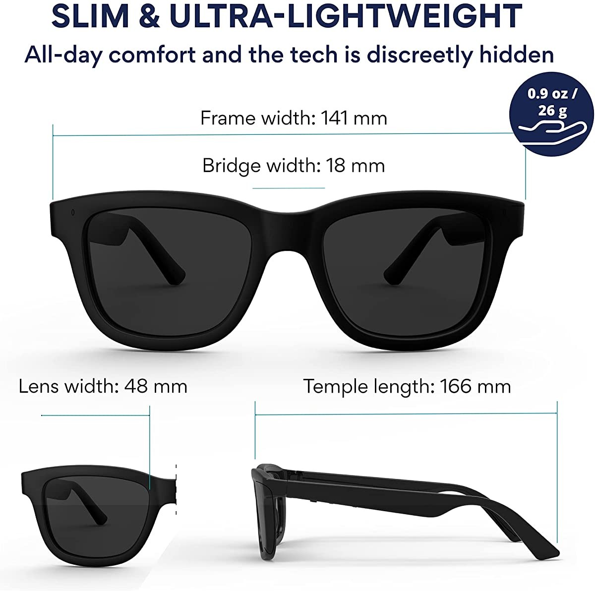 Ampere Dusk: Akıllı Güneş Gözlüğü/Dahili Mikrofon/Hoparlör/Siyah