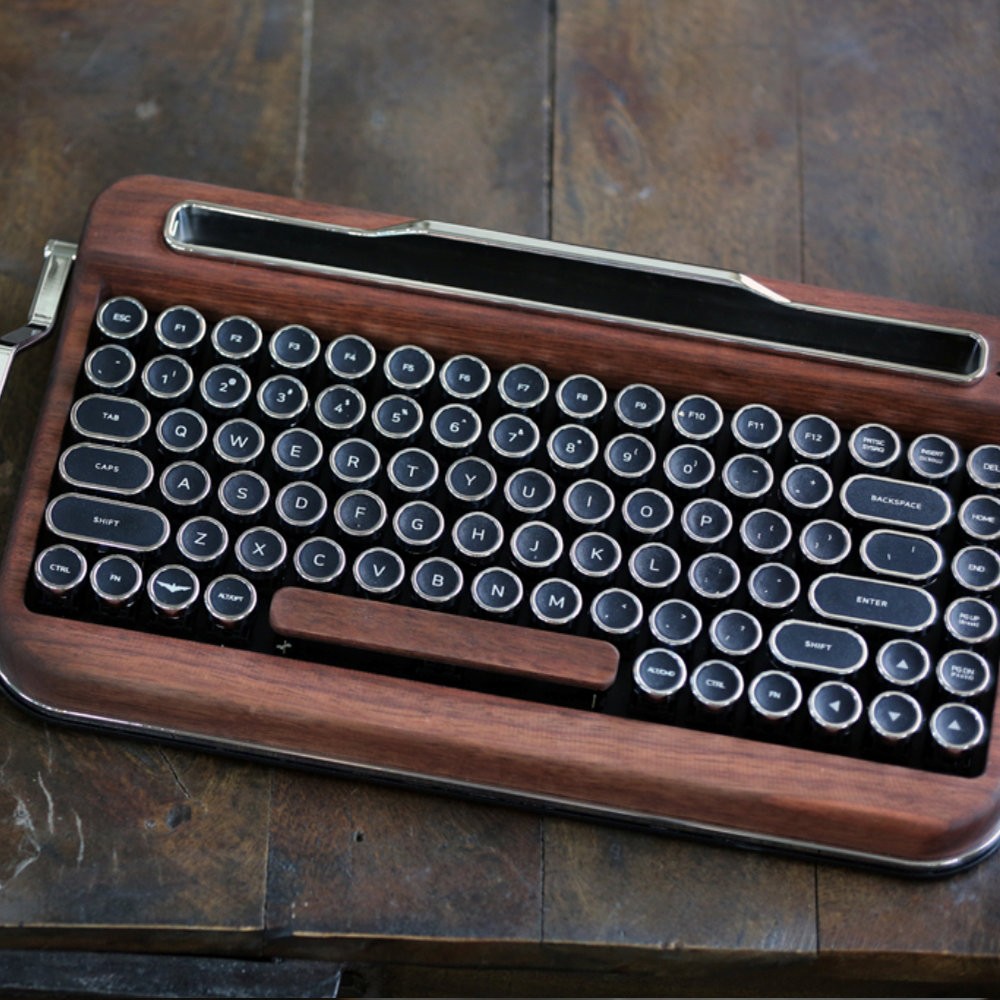 Penna – Daktilo stili Retro Bluetooth Klavye/Ceviz/Amerikan İngilizce/Mavi Tuş